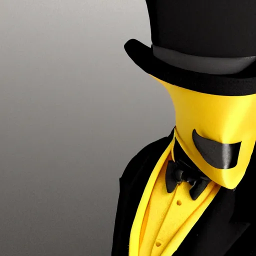 Image similar to a highly detailed portrait of a man in a high top hat covering his face, in a black tailcoat with a yellow waistcoat under the tailcoat, artstation, deviantart, professional, unreal engine 5, photorealistic