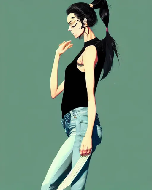Image similar to a ultradetailed beautiful painting of a stylish woman, she is wearing a black tank top and jeans, her hair is in a pony tail, by conrad roset, greg rutkowski and makoto shinkai trending on artstation