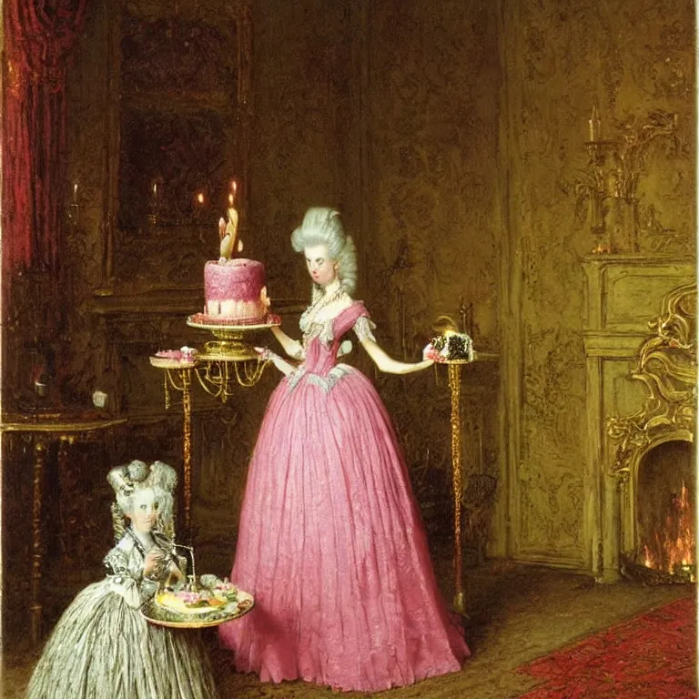 Prompt: Marie Antoinette cutting a pink cake. By Carl Gustav Carus, John Atkinson Grimshaw.