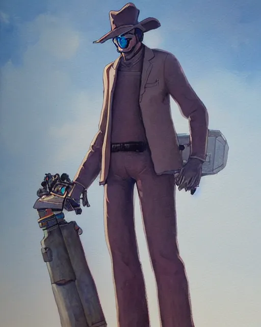 Image similar to a oil / watercolor painting full body character portrait of a high noon android in the style of moebius in the style of leonard boyarsky trending on artstation deviantart pinterest detailed realistic hd 8 k high resolution
