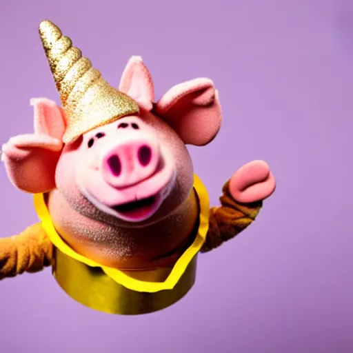 Image similar to studio photograph of a happy pig flying with wings with a unicorn horn depicted as a muppet wearing a gold crown eating pork rind snacks