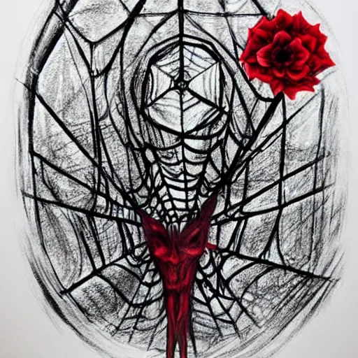 Prompt: dystopian charcoal drawing of webs in a red flower by jeremiah ketner | horror themed | creepy