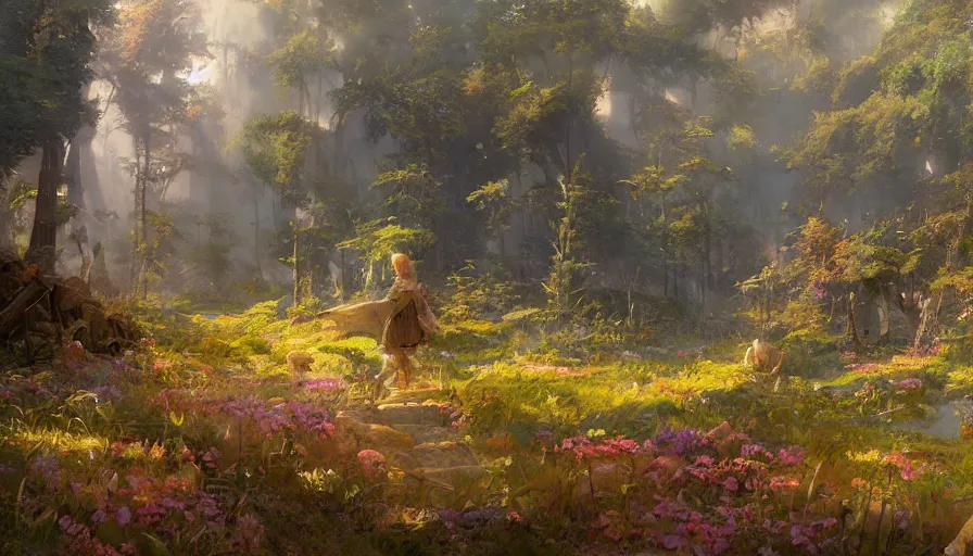 Prompt: craig mullins and ghibli digital illustration of the feywilds, colorful, magical, awesome, unreal engine, hyper realism, realistic shading, cinematic composition, realistic render, octane render, detailed textures, photorealistic, wide shot,