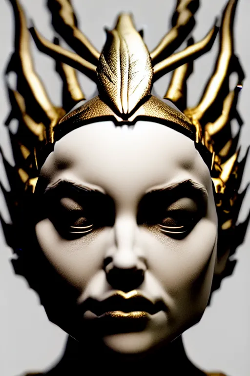 Image similar to bw contrasted close - up profile face, black background, daenerys targaryen - dragon - cyborg - female, 1 5 0 mm, beautiful natural soft rim light, silver gold details, magnolia leaves and stems, roots, mandelbot fractal, elegant, ultra detailed, white metallic armour, octane render, h. r. giger style