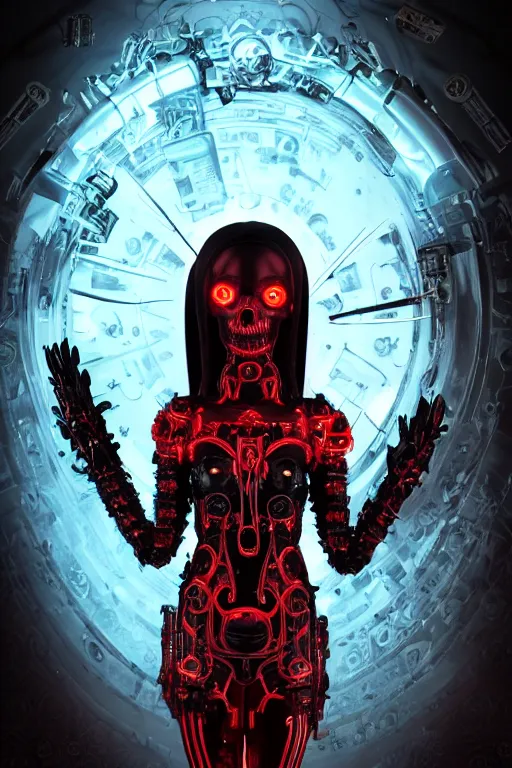 Image similar to full-body cyberpunk style sculpture of a young beautiful dark priestess, half android with a head opening exposing circuitry, glowing red eyes, black roses, flowing blood red colored silk, fabric, candles. baroque elements, human skull. full-length view. baroque element. intricate artwork by caravaggio, crows flying in background. Trending on artstation, octane render, cinematic lighting from the right, hyper realism, octane render, 8k, depth of field, 3D