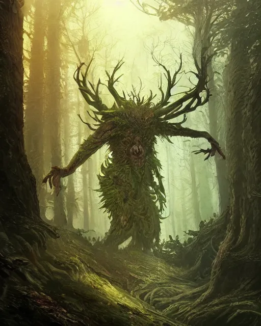 Prompt: A forest elemental, huge, highly detailed, fantasy art, monster art, in the style of greg rutkowski, illustration, epic, fantasy, intricate, hyper detailed, artstation, concept art, smooth, sharp focus, ray tracing