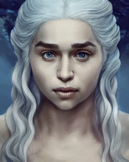 Prompt: Daenerys Targaryen as a mermeid with a piercing gaze with hair covering the chest in an underwater magical forest, highly detailed face, realistic face, beautiful detailed eyes, fantasy art, in the style of artgerm, illustration, epic, fantasy, intricate, hyper detailed, artstation, concept art, smooth, sharp focus, ray tracing, vibrant, photorealistic