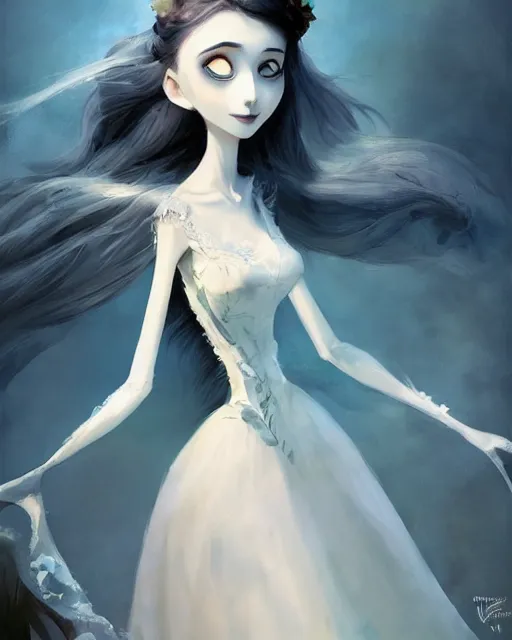 Image similar to elegant mysterious solemn victoria everglot from the corpse bride, portrait, illustration, rim light, top light, summer clear blue sky, perfectly shaded, soft painting, art by krenz cushart and wenjun lin