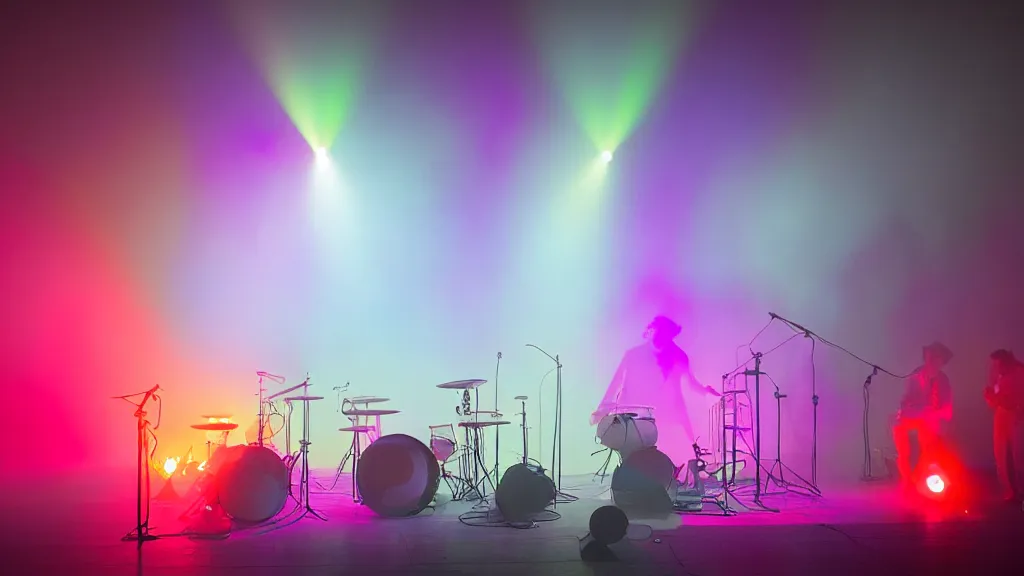 Image similar to a music stage with instruments, drums, colored spot lights cut through the fog by roder dean and greta socha and pablo dominguez.