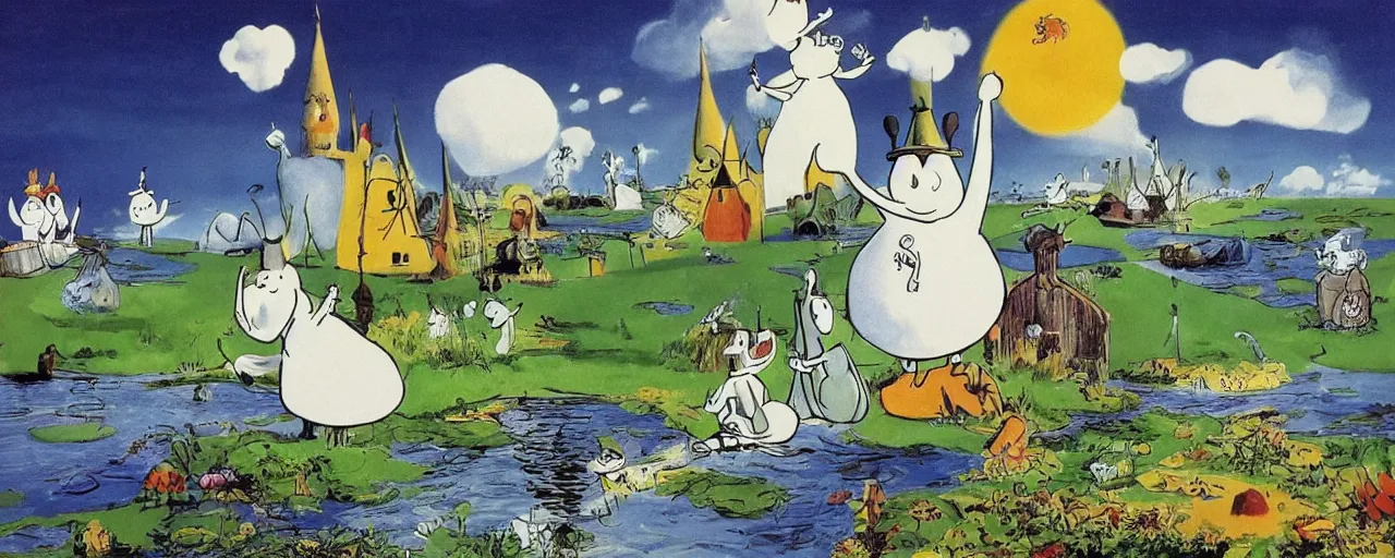 Image similar to the moomins in moominvalley, salvador dali painting, very detailed!, high quality, 4 k