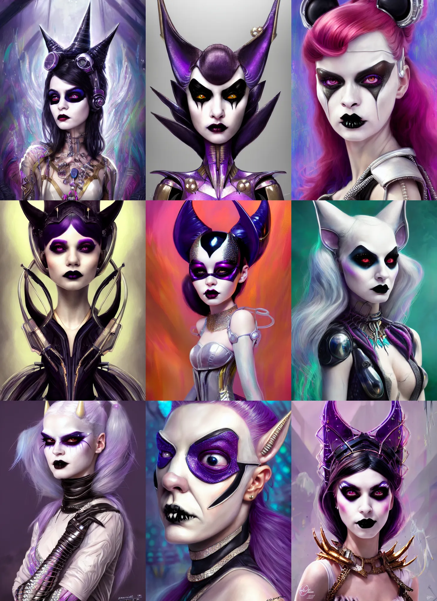 Prompt: disney weta portrait, soft lustrous biotech raver white goth clowncore batgirl cyborg, bling, hi - fructose, sci - fi fantasy cyberpunk intricate decadent highly - detailed digital painting, ever after high, octane render, artstation, concept art, smooth, sharp focus, illustration, art by artgerm, mucha, loish, wlop, pixar