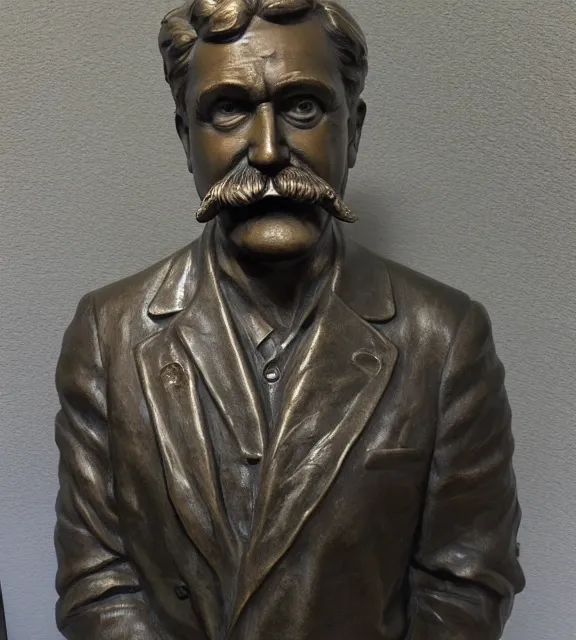 Image similar to a 4 k photorealistic photo medium shot of a bronze statue of a middle aged man with a moustache.