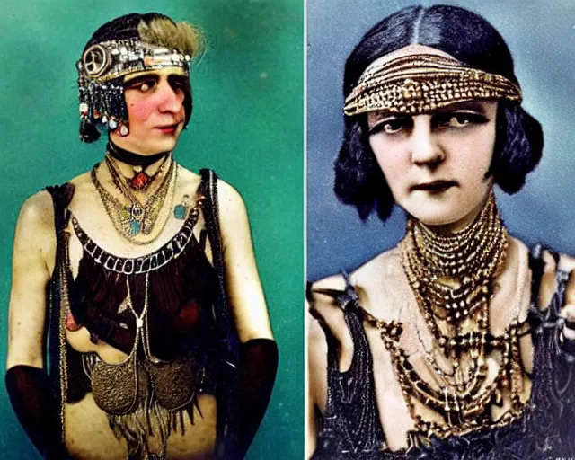 Image similar to 1 9 2 0 s colorized photographs of the lost tribes of del shoob and their amazing ornate jewelry and cyborg - like body modifications