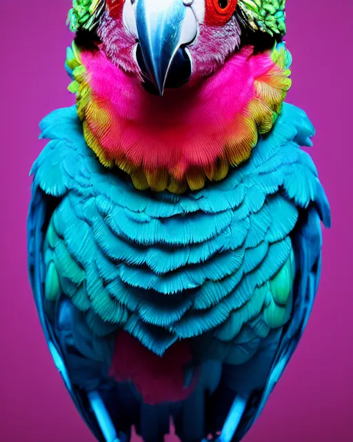 Image similar to natural light, soft focus portrait of a cyberpunk anthropomorphic parrot with soft synthetic pink skin, blue bioluminescent plastics, smooth shiny metal, elaborate ornate head piece, skin textures, by annie leibovitz, paul lehr