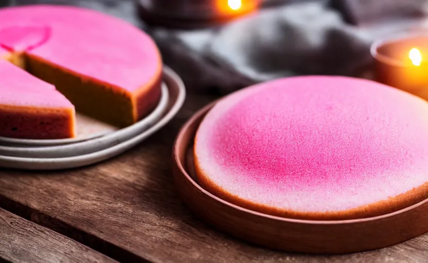 Image similar to A photo of a swedish cake from the side on a wooden table, covered with pink marzipan, some powder sugar and a marzipan leaf. Sunset. 4K. Cinematic lighting. High detail. Realistic. Delicious.