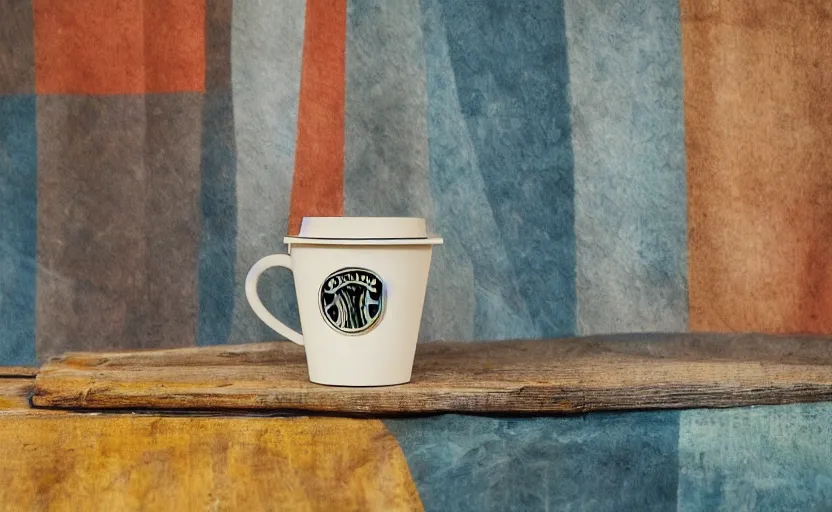 Prompt: a beautiful photo of coffe cup painted on the metal curtain of a cafeteria