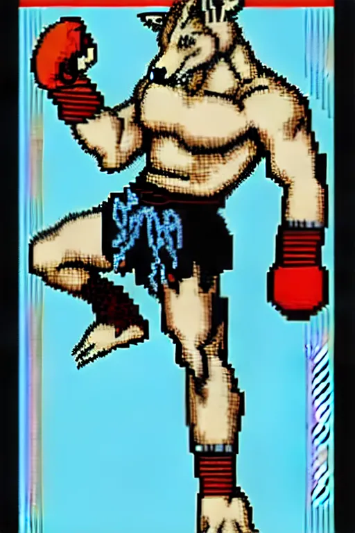 Image similar to extreme long shot. 8 bit nes graphics. hermann nitschantropomorphic muscular masculine wolf. kickboxer fighter, in shorts. wolf head. art from nes game cartridge,