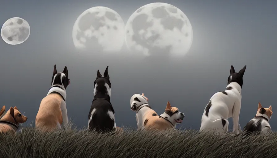 Prompt: back view of dogs watching the moon sitting on the hill, hyperdetailed, artstation, cgsociety, 8 k