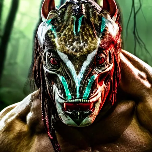 Image similar to a yautja predator in the jungle 4 k, high resolution, still, landscape, hd, dslr, hyper realistic, body builder, mr universe