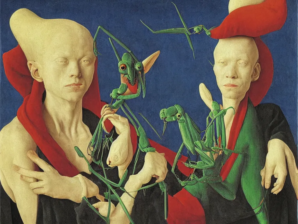 Image similar to portrait of albino mystic with blue eyes, with beautiful exotic giant mantis. Painting by Jan van Eyck, Audubon, Rene Magritte, Agnes Pelton, Max Ernst, Walton Ford