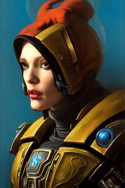 Image similar to character portrait cyberpunk starcraft terran warhammer 4 0 k space marine commmissar ( ( ( ( ( ( ( ( totally definitely not negative no not girl with the pearl earring inspired ) ) ) ) ) ) ), character design, painting by gaston bussiere, katsuya terada, frank frazetta, tom of finland, trending on artstation