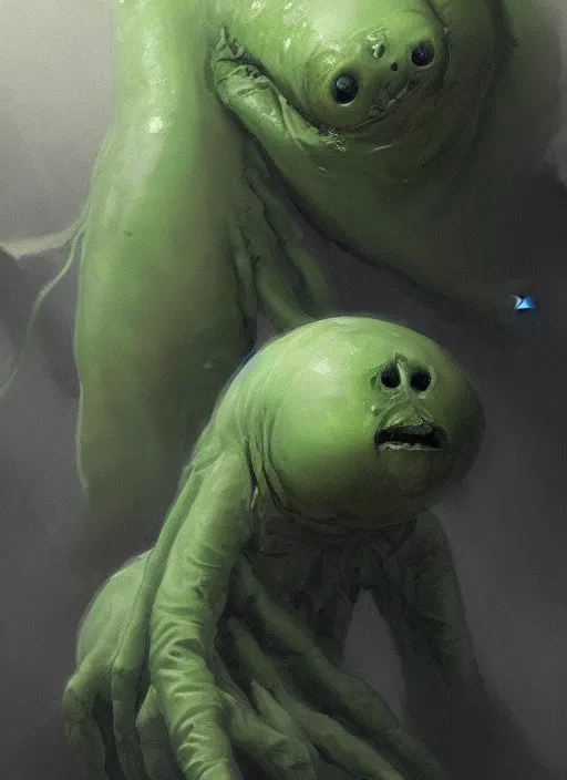 Image similar to portrait of cute innocent green noise an amorphous blob, slimy alien creature with adorable uwu eyes, it has several human arms out stretched to grab me. painted by greg rutkowski, wlop,,