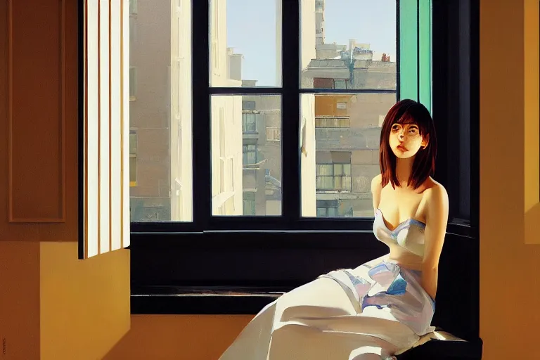 Image similar to A ultradetailed beautiful panting of a stylish woman sitting next to a window of a moders apartment, Oil painting, by Ilya Kuvshinov, Greg Rutkowski and Makoto Shinkai