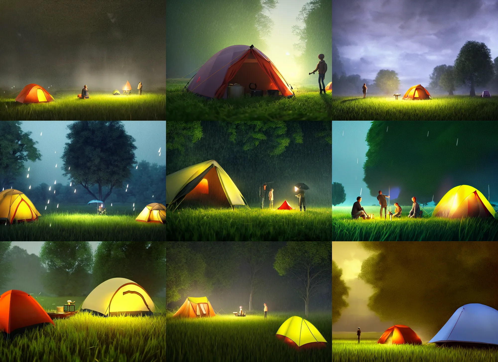 Prompt: camping on a farmers field, tent, rain, rainy night, fireflies, medium shot, heavy rain, wet grass, raindrops, waist up, pixar and disney animation, sharp, rendered in unreal engine 5, anime key art by greg rutkowski, bloom, dramatic lighting