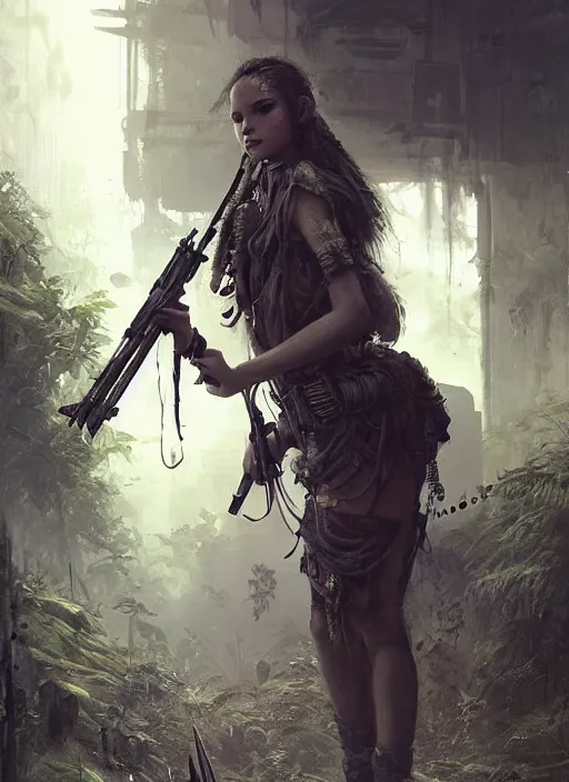 Prompt: portrait of a young very beautiful cute tribal woman with a futuristic gun, in a post apocalyptic city overgrown with lush vegetation, by Luis Royo, by Greg Rutkowski, dark, gritty, intricate, volumetric lighting, volumetric atmosphere, concept art, cover illustration, octane render, trending on artstation, 8k