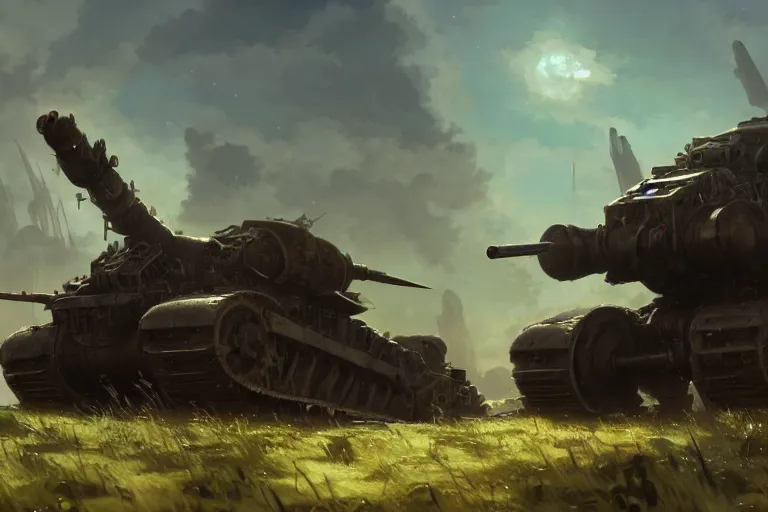 Image similar to concept art of ruined dieselpunk orcish tanks in an open field, key visual, ambient lighting, highly detailed, digital painting, artstation, concept art, sharp focus, by makoto shinkai and akihiko yoshida and hidari and wlop