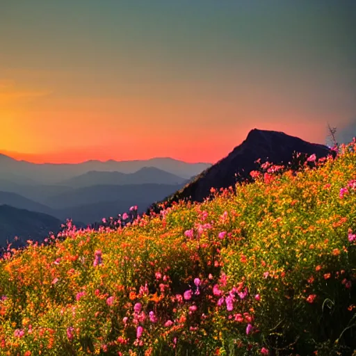 Prompt: the sun rises over the mountains, casting a pink and orange glow in the sky. the birds are singing and the flowers are blooming