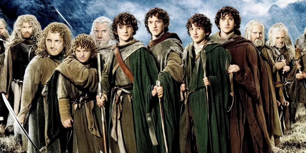 Image similar to the lord of the rings but frodo is the tallest among the fellowship promo shot from movie by peter jackson