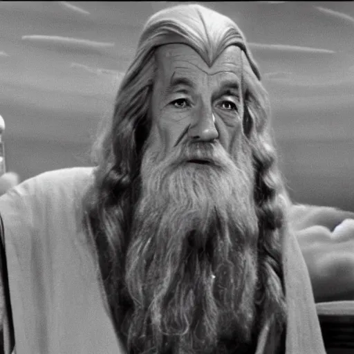 Prompt: A still of Gandalf in Star Trek TOS (1966)