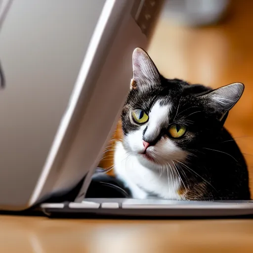 Image similar to a cat looking up cat videos on a computer using mouse with paw, 85mm f1.8