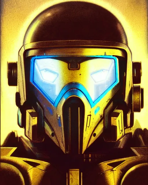 Prompt: pharah from overwatch, battletech, see through glass hologram mask, character portrait, portrait, close up, concept art, intricate details, highly detailed, vintage sci - fi poster, retro future, vintage sci - fi art, in the style of chris foss, rodger dean, moebius, michael whelan, and gustave dore