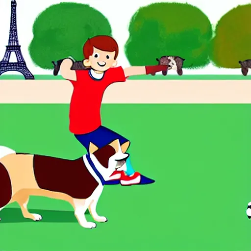 Prompt: illustration of french boy in paris playing football against a corgi who is wearing a polka dot scarf