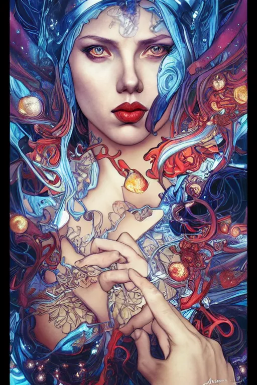 Prompt: celestial scarlett johansson, by artgerm and yoshitaka amano and moebius and alphonse mucha, hyperdetailed, dc comics, ornate, nebula, explosions in the sky, trending on artstation