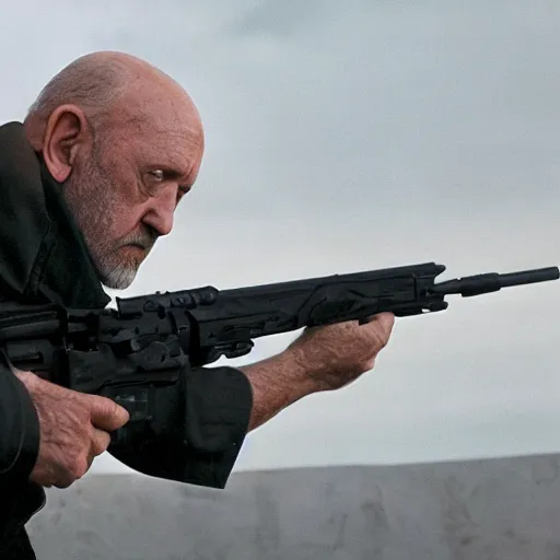 Prompt: Film Still of Mike Ehrmantraut aiming a sniper rifle, 8k, highly detailed