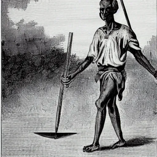 Prompt: ' an idian walking with a pitchfork'