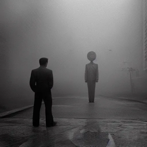 Prompt: a man in the fog and a giant starfish monster emerging above, 1950s Korean film noir in the style of Orson Welles and Ishirō Honda, ambient