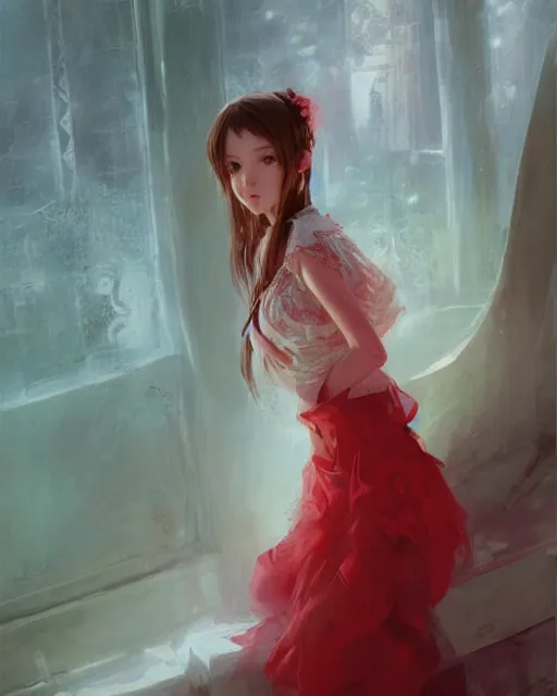 Image similar to aerith gainsborough in red lace skirt, portrait, illustration, rim light, top light, perfectly shaded, soft painting, art by krenz cushart and wenjun lin