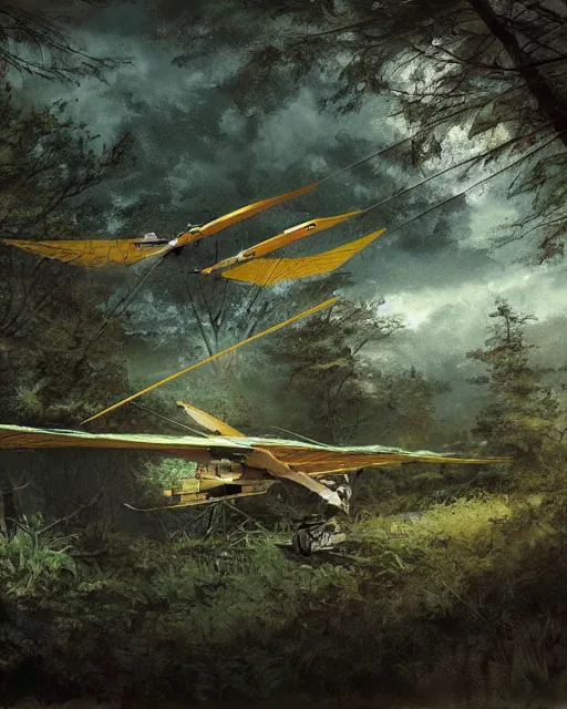 Prompt: ornithopter abandoned in a forest, illustration by wojciech siudmak, art station