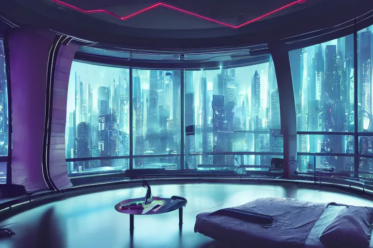 Image similar to a futuristic bedroom with large curved ceiling high windows looking out to a far future cyberpunk cityscape, cyberpunk neon lights, raining, scifi