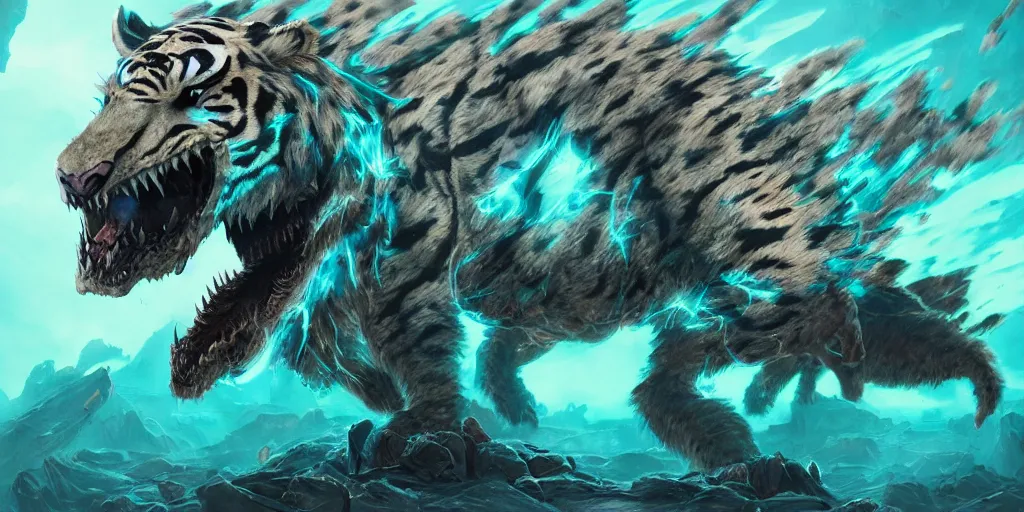 Image similar to Ghostly tiger creature made out of turquoise energy character design sheet, Monster Hunter Illustrations art book, Bright sparks, claws, huge sabertooth fangs, Moebius, Greg Rutkowski, Zabrocki, Karlkka, Jayison Devadas, Phuoc Quan, trending on Artstation, 8K, ultra wide angle, zenith view, pincushion lens effect.