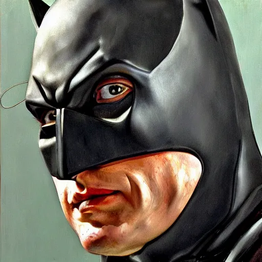 Image similar to high quality high detail painting by lucian freud, hd, portrait of a batman, photorealistic lighting