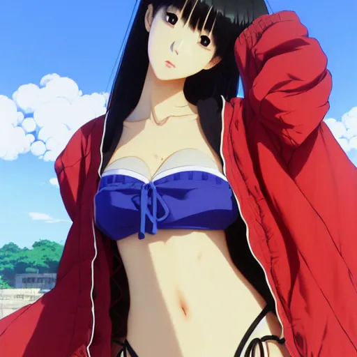 Prompt: a beautiful young japanese lalisa alluring gravure model, wearing oversized designer bomber jacket and one piece bikini, bulky poofy bomber jacket with mesoamerican patterns, mesoamerican native street fashion, gapmoe yandere grimdark, trending on pixiv fanbox, painted by greg rutkowski makoto shinkai takashi takeuchi studio ghibli, akihiko yoshida