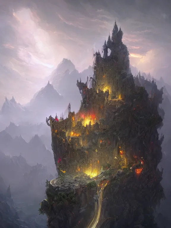 Prompt: photo of 8k ultra realistic castle on cliff surrounded by swirling clouds and lighting, dark, menacing, full of colour, cinematic lighting, battered, trending on artstation, 4k, hyperrealistic, focused, extreme details,unreal engine 5, cinematic, masterpiece, art by Peter Mohrbacher