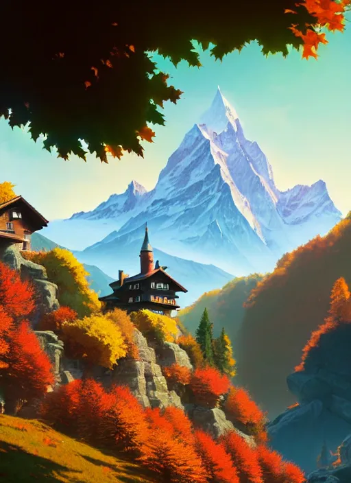 Image similar to a wholesome animation key shot, castle in the middle, swiss alps in the background, autumn foliage in the foreground, studio ghibli, pixar and disney animation, sharp, rendered in unreal engine 5, anime key art by greg rutkowski, bloom, dramatic lighting