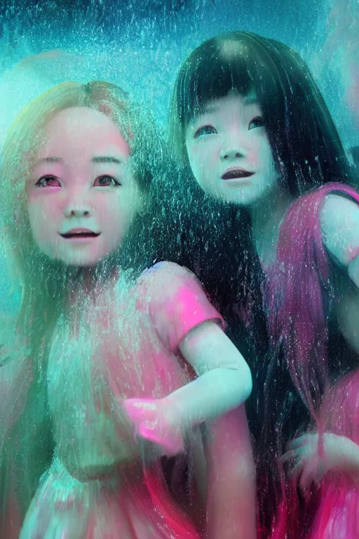 Prompt: 3d realistic dramatic infrared photo of two schoolgirls sisters with a realistic cute face fighting in a dark subway station under water in Japan. Close-up portrait. There are pink palm trees and translucent glow jellyfish flying around. Volumetric composition. Pastel colors in the style of Hiro Kiyohara, redshift, octane, trend artstation, cinematic, hyper realism, high detail, 8k