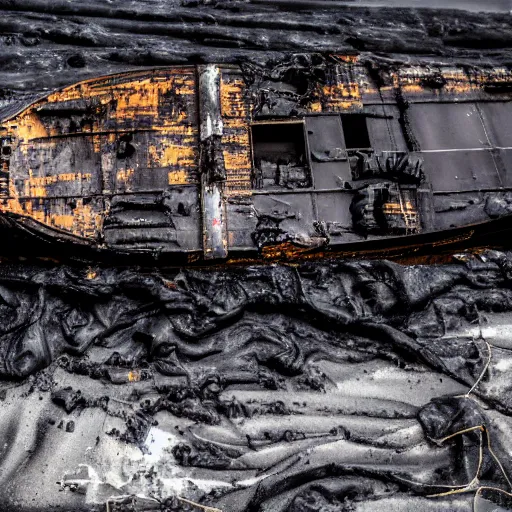 Image similar to crashed cargo ship leaking mysterious black gooey liquid, mysterious black slime, black gooey liquid leaking out of crashed cargo ship, apocalyptic, ruined, container ship, crashed, 8 5 mm f / 1. 4